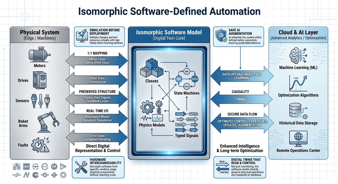 Isomorphic Software-Defined Automation Architecture - Shows 1:1 mapping between physical systems and digital twin core, with state machines, physics models, and cloud/AI integration
